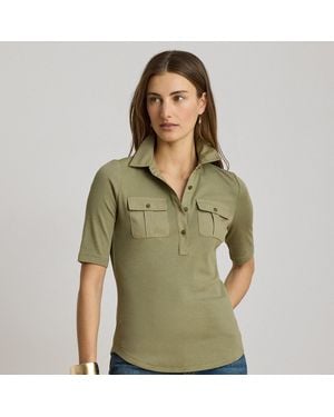 Ralph Lauren Rib-Knit Elbow-Sleeve Collared Top - Green