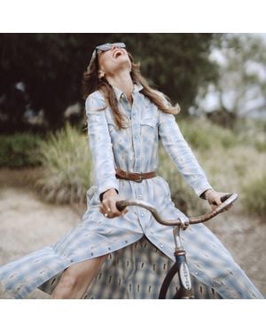 RRL Plaid Dobby Western Shirt Dress - Blue