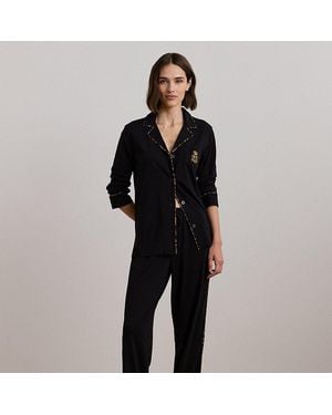 Ralph Lauren Pigiama in jersey con stampa leopardata - Nero