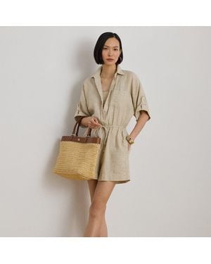 Ralph Lauren Striped Linen Roll-Tab-Sleeve Romper - Natural