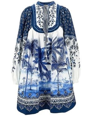 FARM Rio Palms Print Linen Blend Mini Dress - Blue