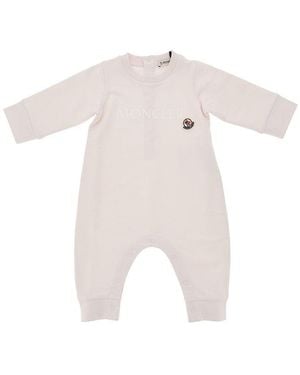 Moncler Stretch Cotton Long Romper Suit With Logo Kids - White