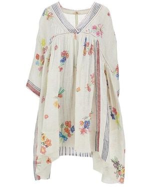 Péro Floral Sketch Print Linen Dress - White