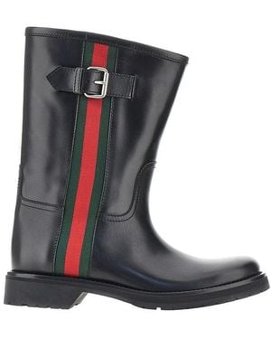 Gucci Leather Boots With Web Intarsia - Black