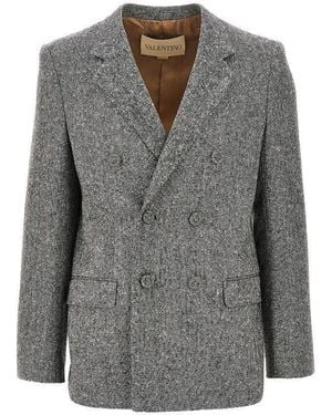 Valentino Natté Buttoned Wool Double-Breasted Jacket - Gray