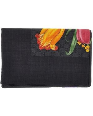 Gucci Silk And Wool-Blend Scarf With Flora Print - Blue