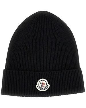 Moncler Wool Beanie Hat With Logo Patch - Black
