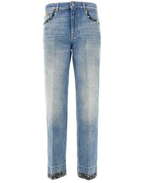 Valentino Washed Jeans With Floral Fabric Trims in Blue | Lyst