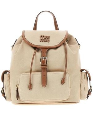 Miu Miu Canvas Backpack With Leather Details - Natural