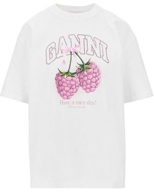 Ganni Cotton T-Shirt With 'Raspberries' Print - White