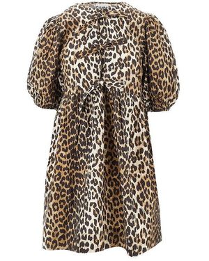 Ganni Leopard Cotton Mini Dress - Natural