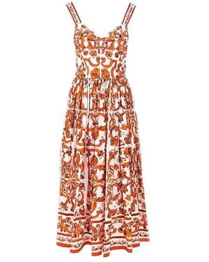 Dolce & Gabbana Poplin Long Dress With Maiolica Print - Red