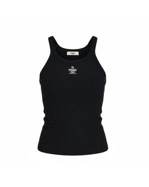 Fendi Ribbed Tank Top With Logo Embroidery - Black