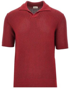 GALLIA KNIT Openworked Knit Polo Shirt - Red