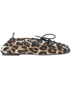 Ganni Denim Ballerina Flats With Leopard Print - Brown