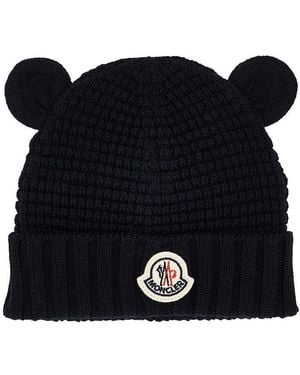 Moncler Teddy Bear Ears Wool Beanie Hat Kids - Black