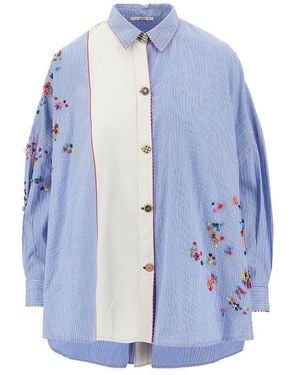 Péro Embroidered Oversized Shirt - Blue