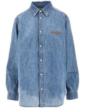 Miu Miu Logo Embroidery Chambray Denim Shirt - Blue