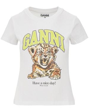 Ganni Jersey T-Shirt With 'Tiger' Print - White