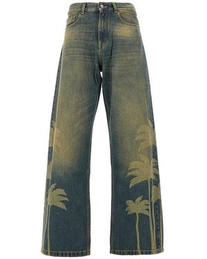 Palm Angels Jeans Ampi Con Palme Al Laser Uomo - Verde