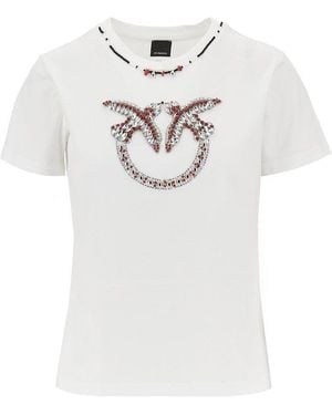 Pinko Beaded Love Birds T-Shirt - White