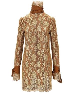 Saint Laurent Metallized Lace And Silk Mini Dress - Natural