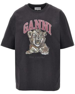 Ganni Cotton T-Shirt With 'Tiger' Print - Black