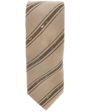 Brunello Cucinelli Slubbed Stripes Silk And Cotton Tie - Natural