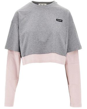 Miu Miu T-Shirt Cropped Con Effetto Layering - Grigio