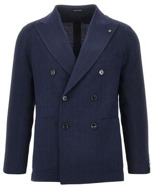 Tagliatore Chevron Wool-Blend Double-Breasted Jacket - Blue