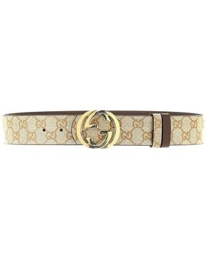 Gucci Gg Fabric And Leather Reversible Belt - Natural