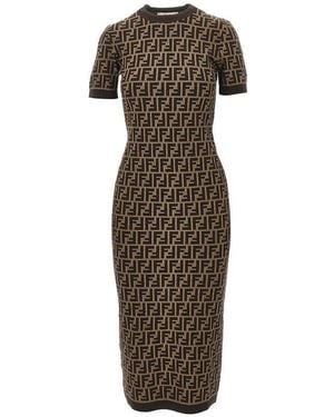 Fendi Ff Jacquard Knit Midi Dress - Brown