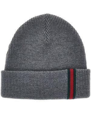 Gucci Wool Beanie Hat With Web Detail - Gray