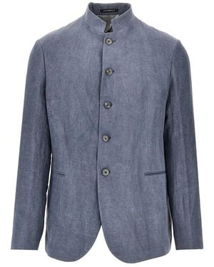 Emporio Armani Linen-Blend Crepe Jacket With Guru Collar - Blue