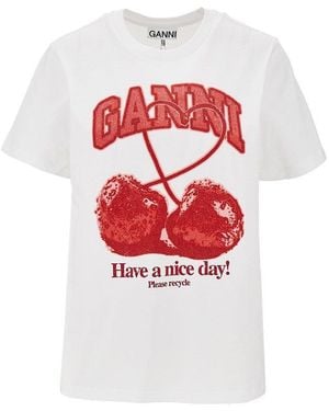 Ganni Cotton T-Shirt With 'Cherry' Print - White