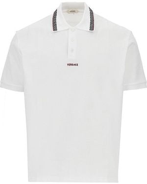 Versace Cotton Polo Shirt With Greca Motif - White