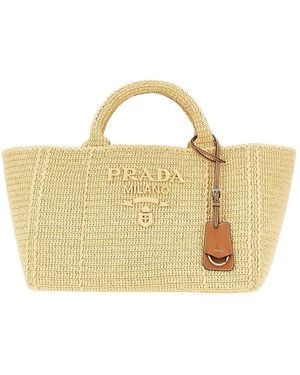 Prada Faux Raffia Shopping Bag With Logo - Metallic