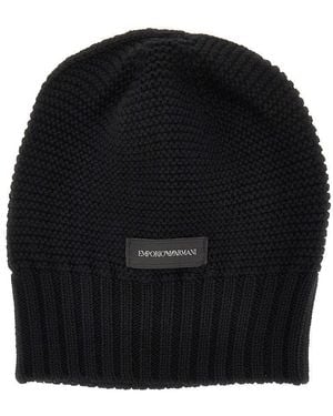 Emporio Armani Knitted Beanie Hat With Logo Label - Black