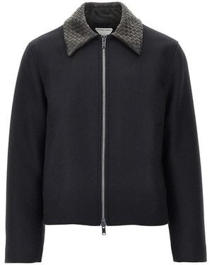 Bottega Veneta Felt Jacket With Intrecciato Leather Collar - Black