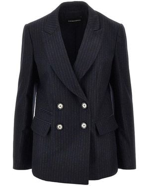 Emporio Armani Pinstriped Wool-Blend Double-Breasted Jacket - Blue