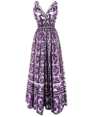 Dolce & Gabbana Majolica Print Poplin Long Dress - Purple