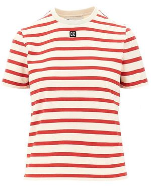 Tory Burch Striped T-Shirt With Logo Detail - Red