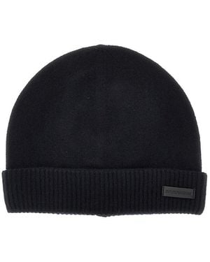 Emporio Armani Cashmere Beanie Hat With Leather Logo Patch - Black