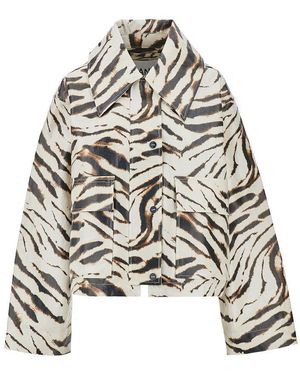 Ganni Coated Fabric Jacket With Zebra-Striped Print - Grey