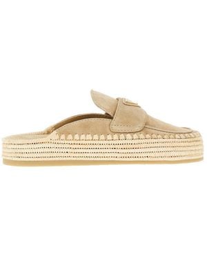 Prada Suede Leather And Raffia Mules - Natural