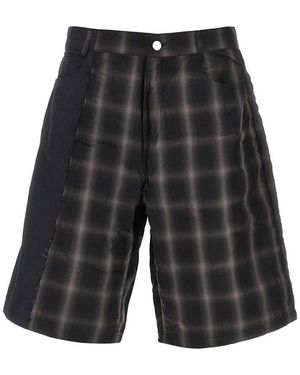 Arte' Plaid Fabric And Nylon Patchwork Shorts - Grey