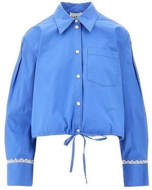 Ganni Poplin Shirt With Logo Embroidery - Blue