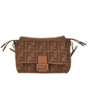 Fendi Embroidered Raffia Medium Mamma Baguette Bag - Brown
