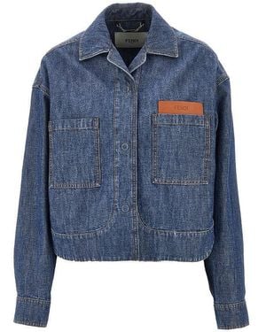 Fendi Chambray Short Jacket With Leather Pocket - Blue