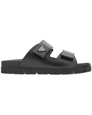 Prada Leather Double Strap Slides With Logo - Black